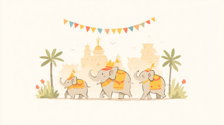 Onam with elephants in golden regalia, temples in background. Generative AIの素材