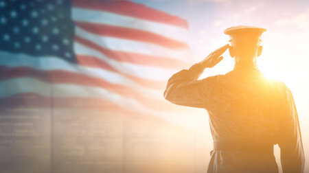American veteran saluting with flag waving behind. Generative AIの素材