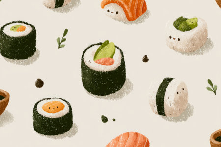 Sushi rolls fly with drops of soy sauce. Generative AIの素材