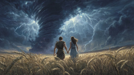 Couple Walking Toward Stormy Tornado in Wheat Field. Generative AIの素材