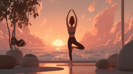 health and lifestyle, golden morning light, woman doing yoga at home as part of rehabilitation. Generative AIの素材