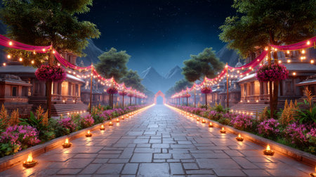 Temple view during Janmashtami night with hundreds of diyas, flower garlands. Generative AIの素材