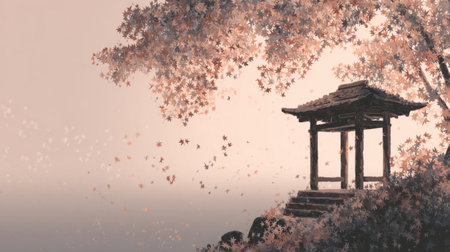 Japanese traditional shrine, autumn leaves gently falling nearby. Generative AIの素材
