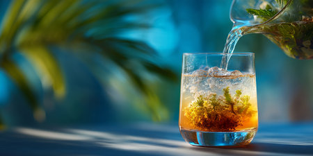 Pouring herbal tonic into a clear tumbler in a bright home interior. Generative AIの素材