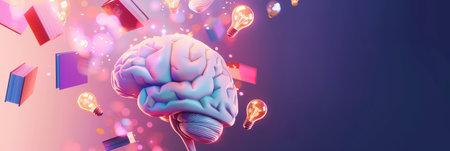 A 3D brain with floating icons of books, laptops, and light bulbs symbolizing knowledge transfer, mentoring, and development. Generative AIの素材