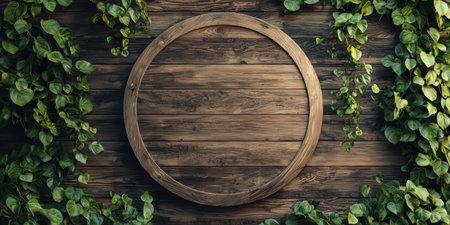 A circular mockup signboard on a rustic wooden wall, with ivy climbing around the edges, creating a natural.Generative AIの素材