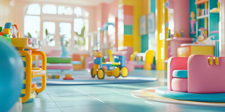 A section of the hospital lobby is dedicated to a childrenâs play area, with bright, playful colors, toys, and kid-friendly furniture. Generative AIの素材