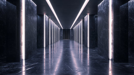 Modern corridor with sleek black marble, minimalist columns. Generative AIの素材
