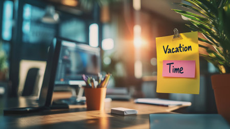 Casual office desk setup with a colorful sticky note reading Vacation Time. Generativeの素材