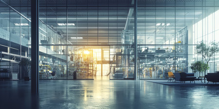 A futuristic factory with transparent walls that showcases ethical practices, the use of clean energy, and symbolizes transparency in ESG reporting. Generative AIの素材