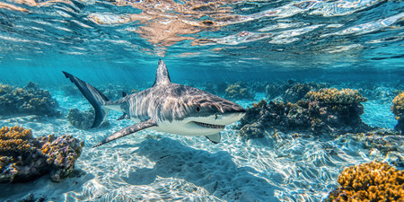 great white shark swimming in crystal clear blue water. Generative AIの素材