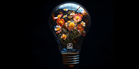 A light bulb with blooming flowers inside, symbolizing creative growth and new beginnings. Generative AIの素材
