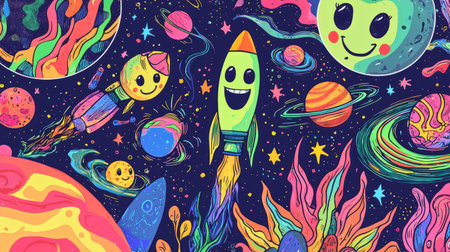 Space pattern with rockets with smiling faces, planets with rings made of colorful backgrounds. Generative AIの素材