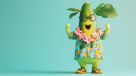 zucchini character wearing a bright Hawaiian shirt against a light turquoise summer background. Generative AIの素材