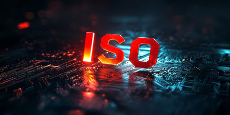 The letters ISO appear on a smooth, tech-inspired background. ISO standard for quality control management. Generative AIの素材