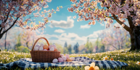 Spring Picnic with Easter Eggs Under Blooming Trees. Generativeの素材