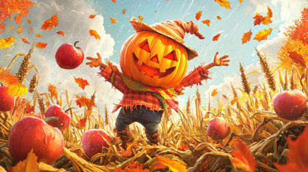 pumpkin, smiling apples and a cheerful scarecrow, with falling leaves and lush corn stalks. Generative AIの素材