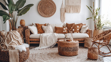 Boho-chic luxury living room with layered textures, rattan furniture, and plush cushions, cozy and inviting vibe. Generative AIの素材