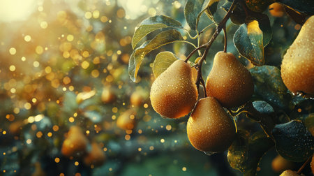 Golden pears on a branch, ready for harvest, with a soft background of orchard trees. Generative AIの素材