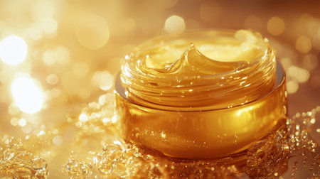 Golden moisturizing essence gel with soft fluid textures and shimmering light on a luxurious background. Generative AIの素材