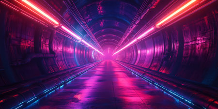 dark, cavernous tunnel with exposed pipes, wires, and dim lighting, evoking a sense of mystery. Generative AIの素材