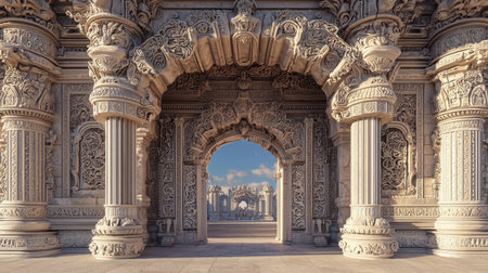 ancient Eastern city gate with carved stone detailed and ornate arches. Generative AIの素材