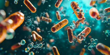 Microscopic view of bacteria and particles in a glowing liquid environment. Generativeの素材