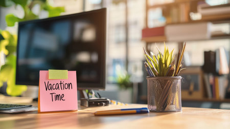 Casual office desk setup with a colorful sticky note reading Vacation Time. Generativeの素材
