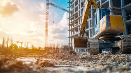 Construction Site with Excavator and Building Framework. Generative AIの素材