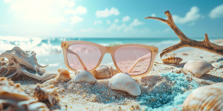 summer background beach attributes: shells, driftwood, sunglasses and splashes of turquoise sand under a bright summer sky. Generativeの素材