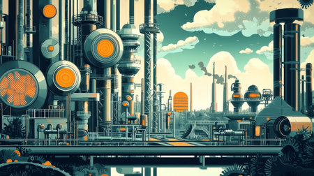 surreal landscape with repeating geometric shapes, pipes, and gears, creating a mesmerizing industrial pattern. Generative AIの素材