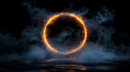 Abstract swirling smoke forming a glowing circular time portal, with vapor trails drifting in a dark, mystical void. Generative AIの素材
