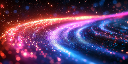 Abstract luminous fiber strands with neon blue and violet gradients. Generative AIの素材