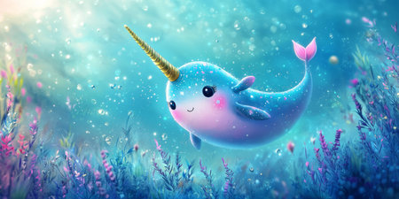 Cute narwhal with a golden pastel horn, softly painted in dreamy blues and pinks, whimsical sea life. Generative AIの素材
