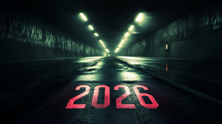Dark highway illuminated by light trails and 2026 glowing on the asphalt. Generative AIの素材