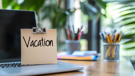 Minimalist office desk with a handwritten note reading Vacation placed next to a laptop, blurred office supplies in the background. Generative AIの素材