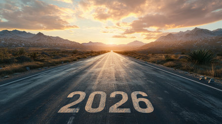 A long road leading into the distance with the bold number 2026 New Year. Generative AIの素材