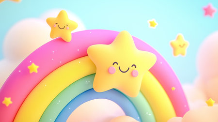 Whimsical cartoon rainbow and smiling stars, colorful background. Generative AIの素材