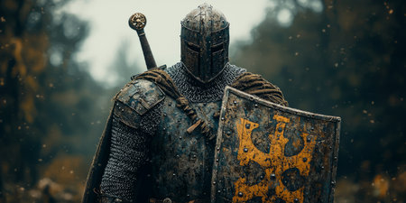 knight with ornate sword and shield, standing in an ancient forest. Generative AIの素材