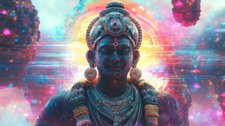 Hindu deities in futuristic surroundings, neon colors, abstract patterns and futuristic landscapes. Generative AIの素材