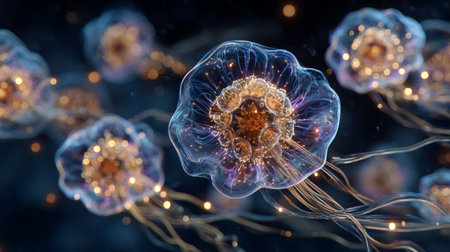 Futuristic Visualization of Glowing Cells and Microorganisms. Generative AIの素材