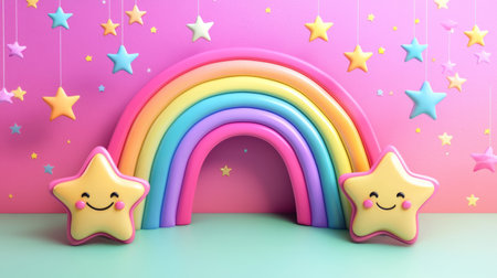 Whimsical cartoon rainbow and smiling stars, colorful background. Generative AIの素材