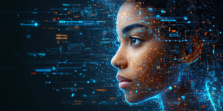 Technology background featuring a robotic face with digital patterns and cybernetic enhancements. Generativeの素材