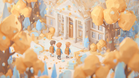 Children with backpacks to school on Knowledge Day. Generative AIの素材