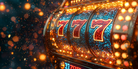 Stylized abstract slot machine with rainbow lights and golden 777 icons, futuristic casino banner. Generativeの素材