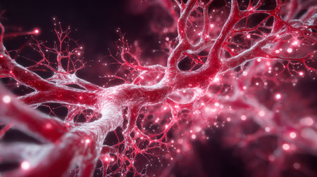 abstract of blood vessels as glowing fractals. Generative AIの素材