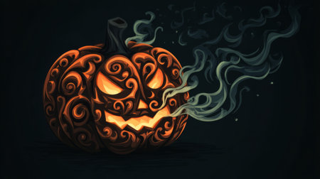 Sinister Glowing Jack-O'-Lantern in Smoke. Generative AIの素材