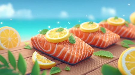 Fresh salmon grilling gently with lemon slices. Generative AIの素材