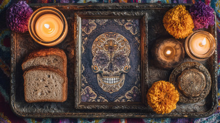 Day of the Dead Altar with Candles and Skulls. Generative AIの素材