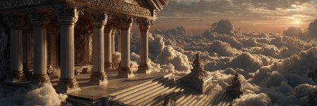 Fantasy Temple and Palace Above the Clouds Under Crescent Moon. Generative AIの素材